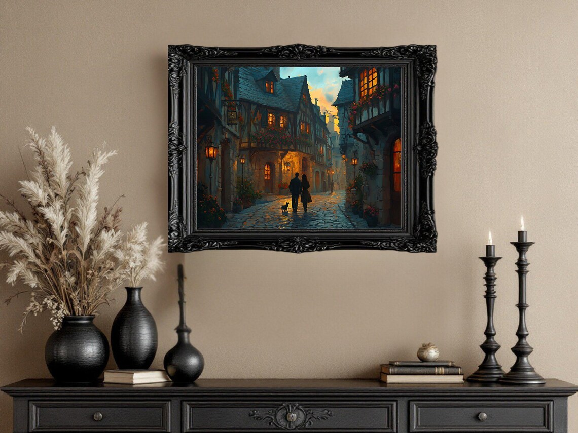 Romantic Couple Walking In Quaint European Village Street - Image 2
