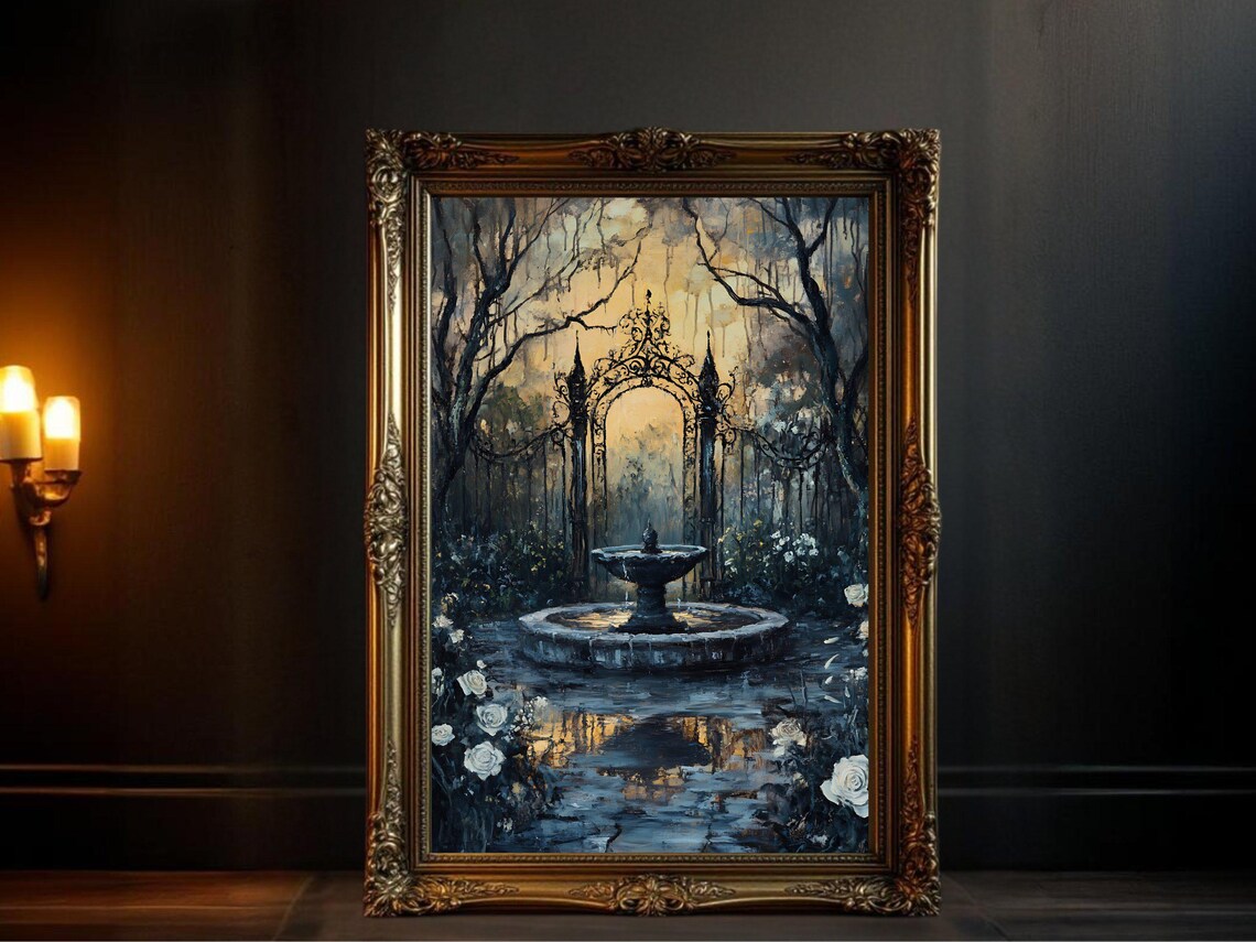 Gothic Garden Sunset Courtyard, Mystical Fountain Art Print