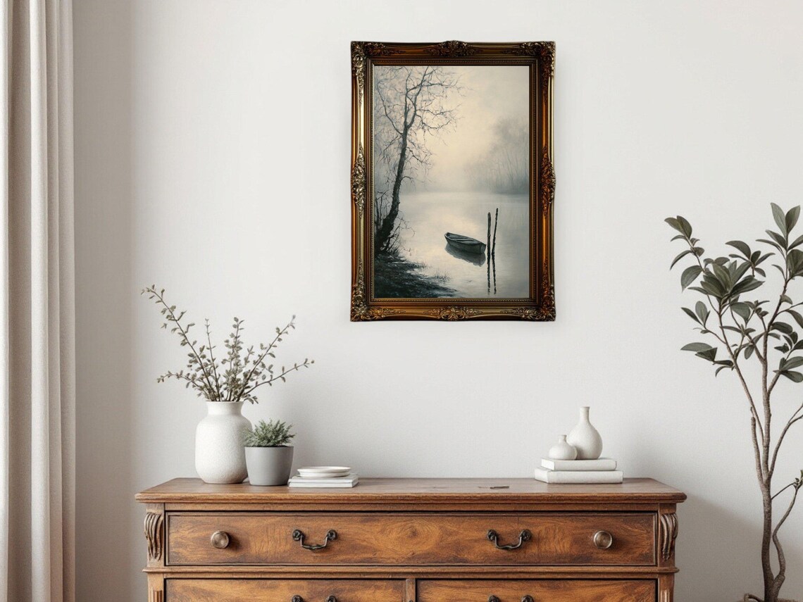 Misty River Boat Vintage Landscape Art Print - Image 3