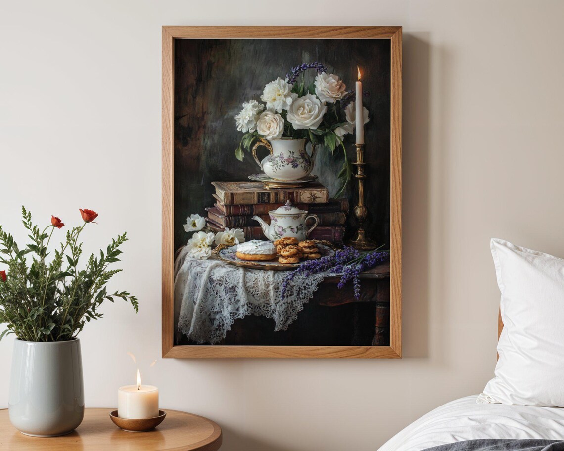 Vintage Floral Still Life, Elegant Tea Time Decor - Image 3