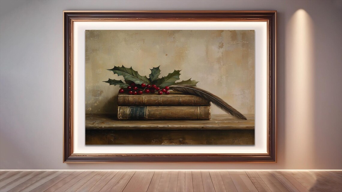 Vintage Holly And Books Rustic Christmas Decor
