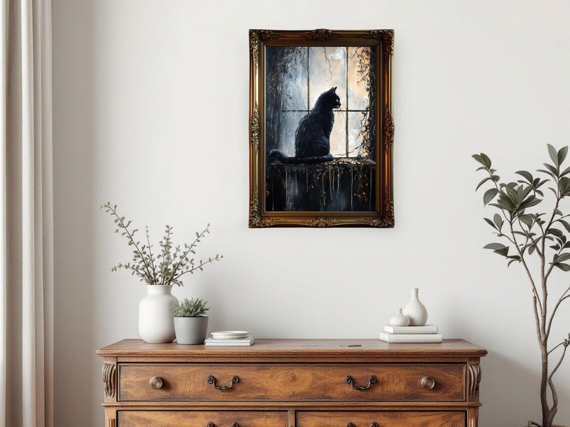 Gothic Black Cat Halloween Decor, Spooky Cat Art Print - Image 3