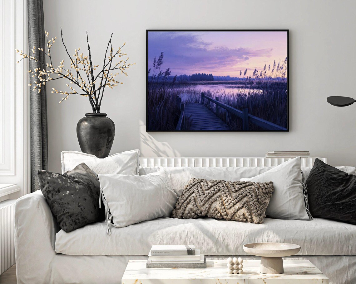 Purple Sunset Lake Landscape, Tranquil Evening Art Print - Image 3