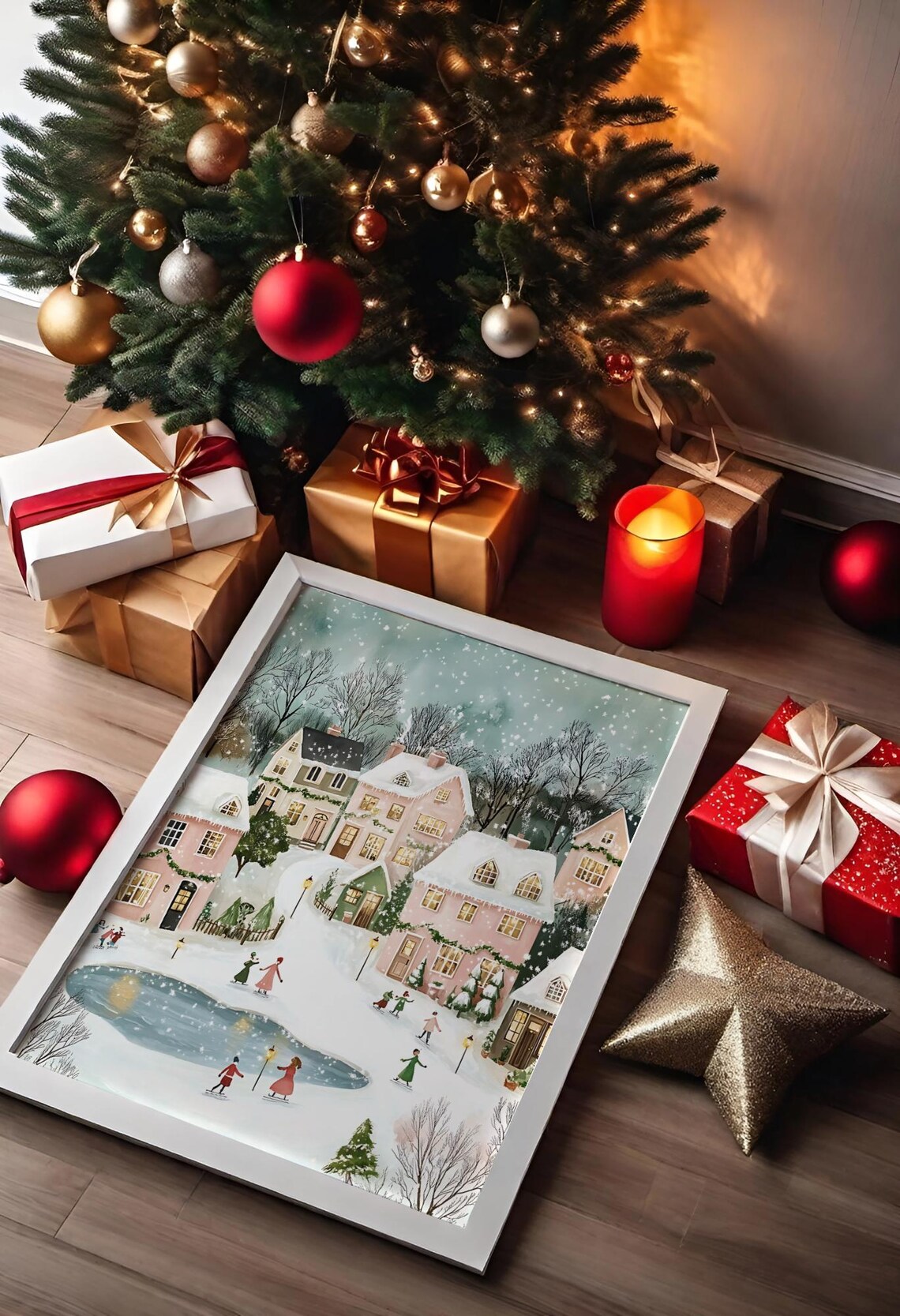 Winter Wonderland Village Art, Festive Ice Skating Scene - Image 2