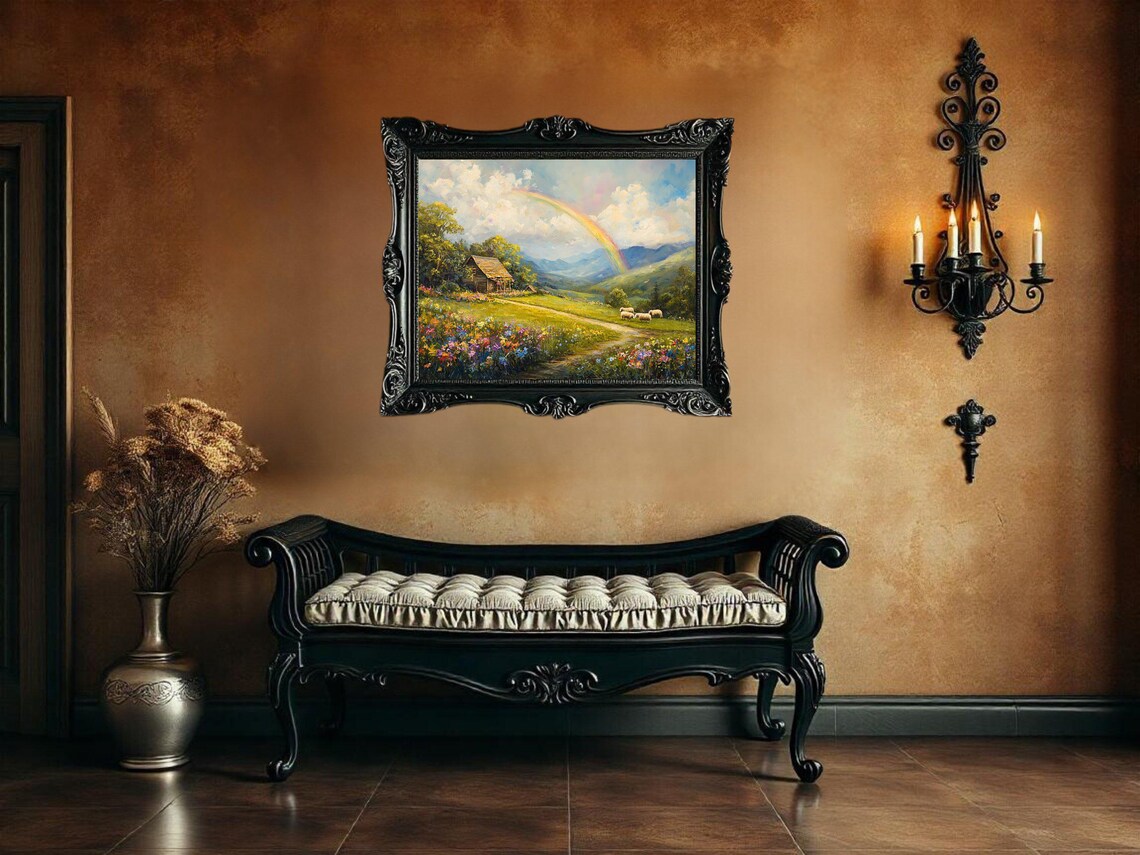 Countryside Cabin Art Print, Rainbow And Sheep Meadow - Image 3