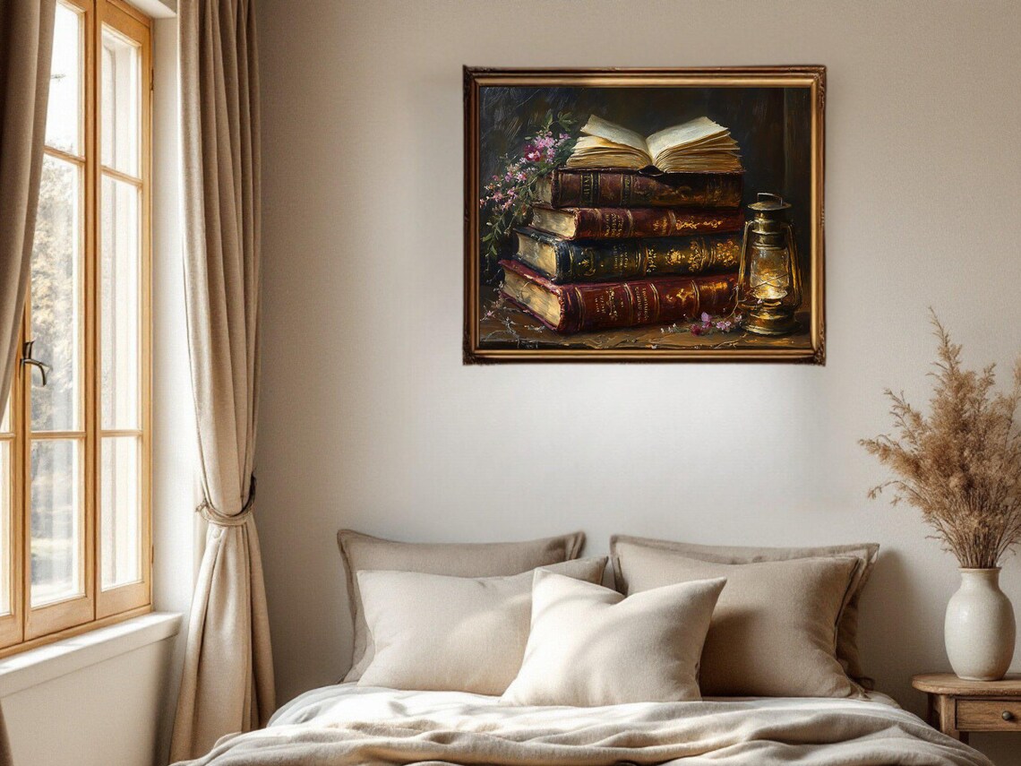 Vintage Book Stack With Antique Lantern And Flowers - Image 2