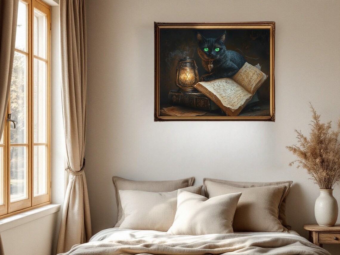 Mystical Black Cat With Green Eyes, Vintage Dark Fantasy Art Print - Image 2