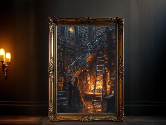 Dark Academia Vintage Library, Romantic Bookshelf Art Print