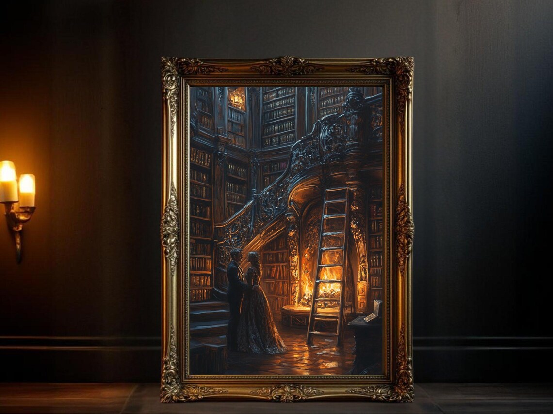 Dark Academia Vintage Library, Romantic Bookshelf Art Print
