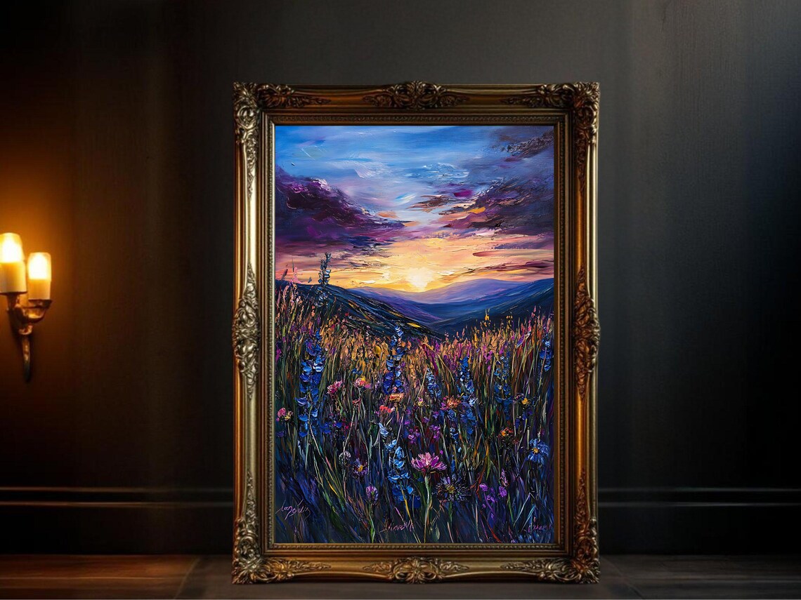 Sunset Landscape, Wildflowers Mountain View Art Print