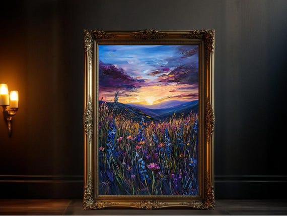 Sunset Landscape, Wildflowers Mountain View Art Print