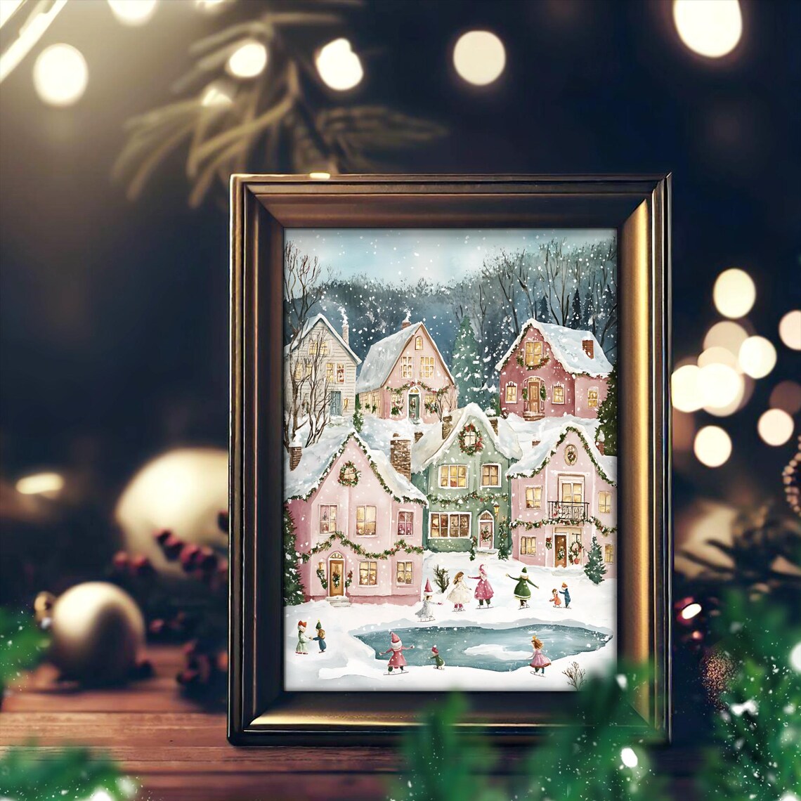 Holiday Village, Snowy Town Ice Rink Scene Art Print - Image 3
