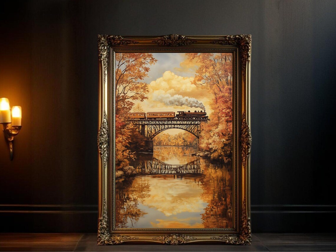 Vintage Train Autumn Landscape, Rustic Home Decor