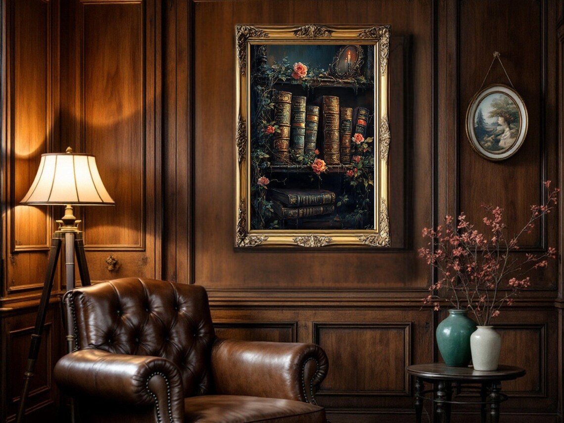 Vintage Bookshelf Art, Dark Academia Rose Decor - Image 2