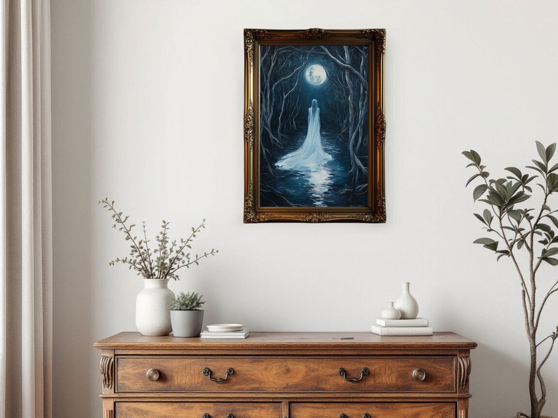 Moonlit Forest Painting, Dark Academia Night Scene - Image 3