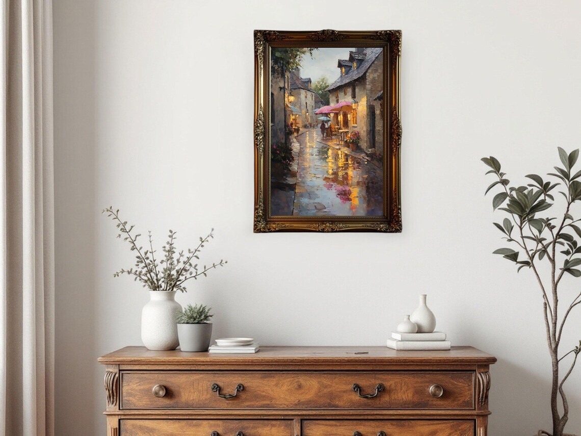 Romantic Rainy Street Art Print, Cozy Village - Image 2