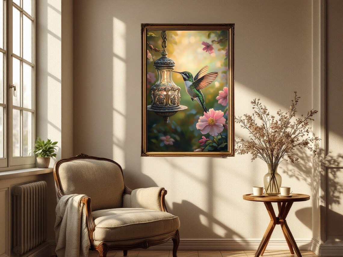 Hummingbird Floral Art Print, Botanical Bird Scene - Image 2