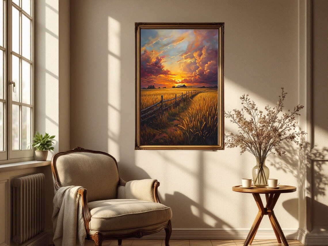 Serene Sunset Landscape, Rustic Farmhouse Decor - Image 3
