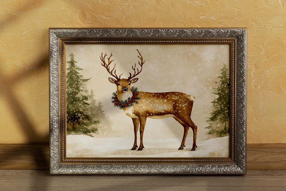 Vintage Reindeer Christmas Art, Rustic Winter Scene