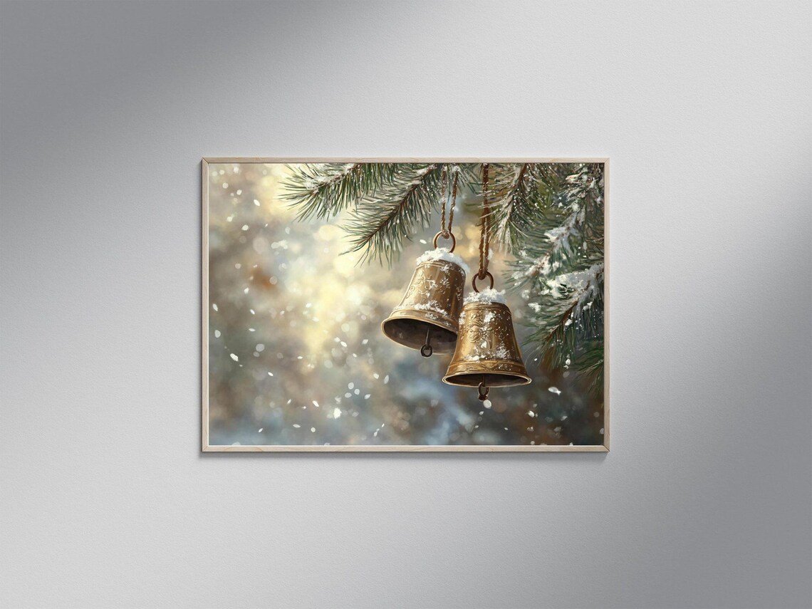 Vintage Christmas Bells, Snowy Pine Branch Art Print