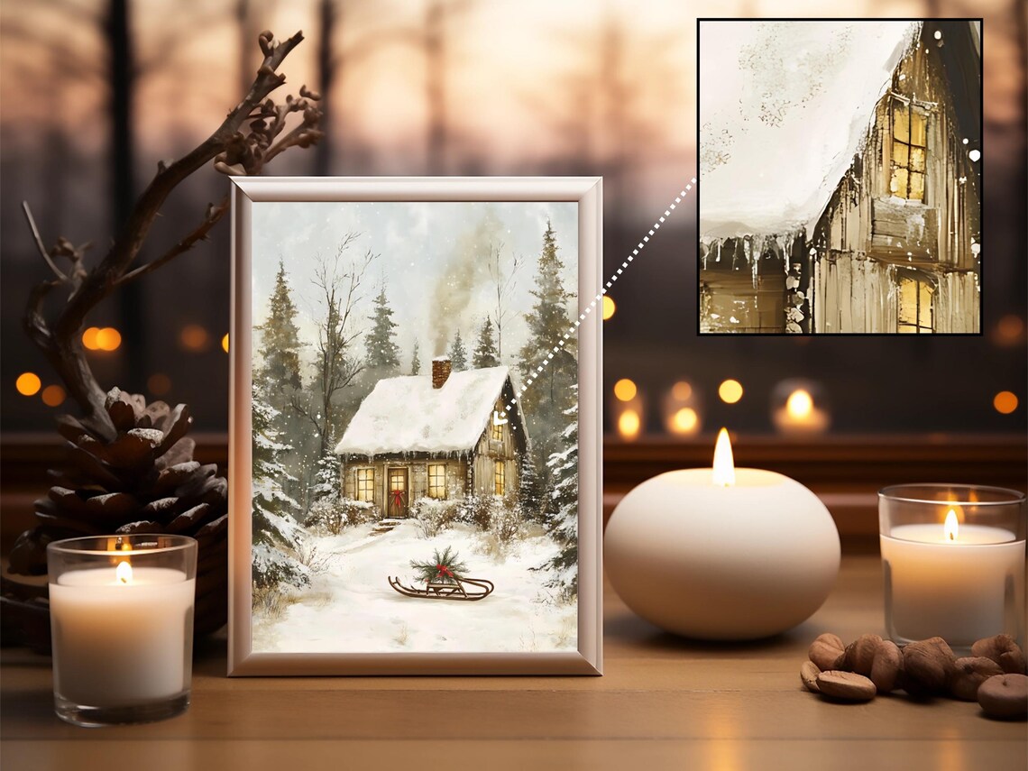Vintage Snowy Cabin, Rustic Christmas Winter Scene - Image 3