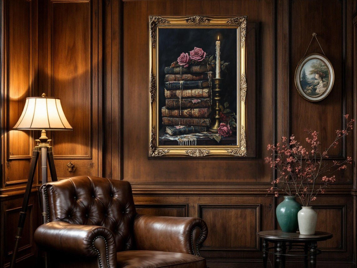 Dark Academia Vintage Book Stack With Candle - Image 2