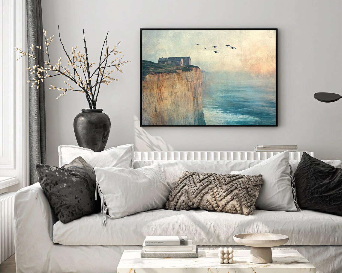 Coastal Cliff House Art Print, Rustic Seaside Decor - Image 3