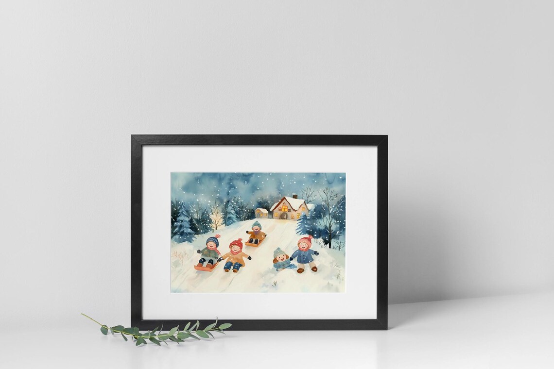 Joyful Holiday Sledding Art Print, Christmas Scene - Image 3