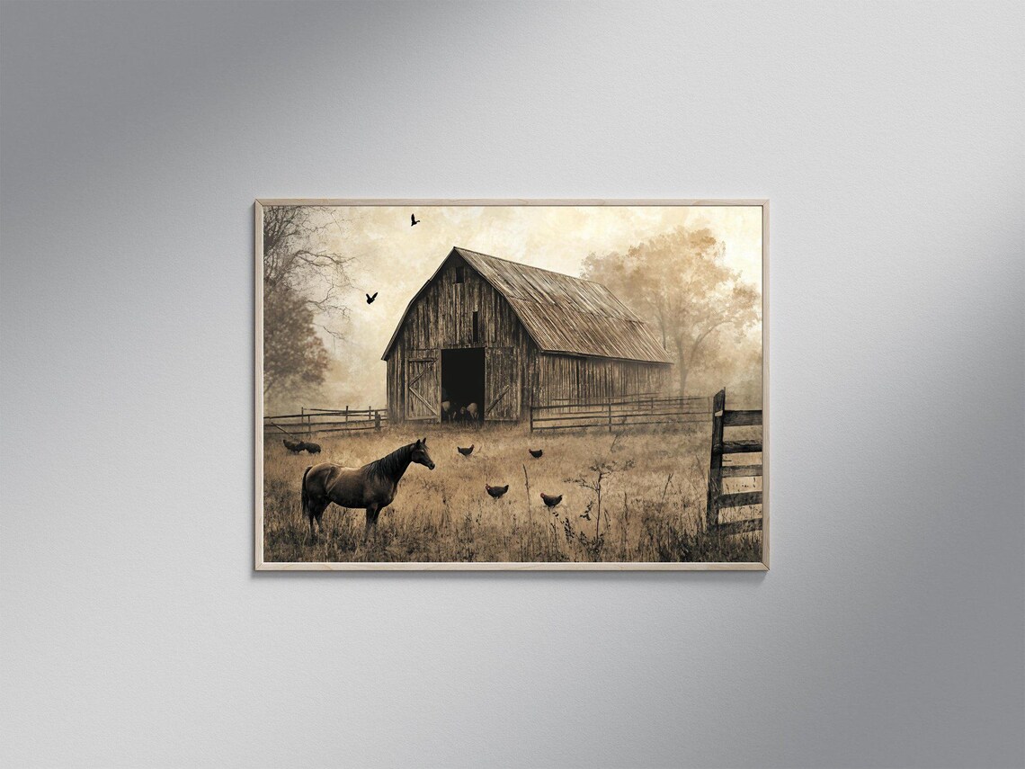 Rustic Barnyard Landscape, Vintage Farmhouse Decor