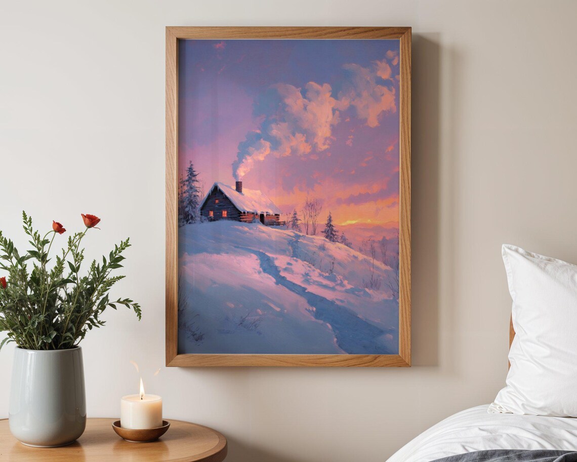 Winter Cabin Snowy Landscape Art Print, Cozy Cabin