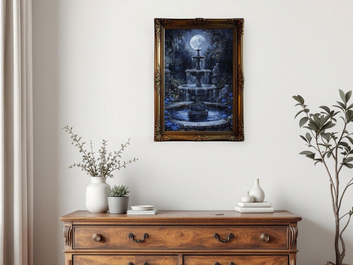Moonlit Mystical Garden Fountain Art Print - Image 3