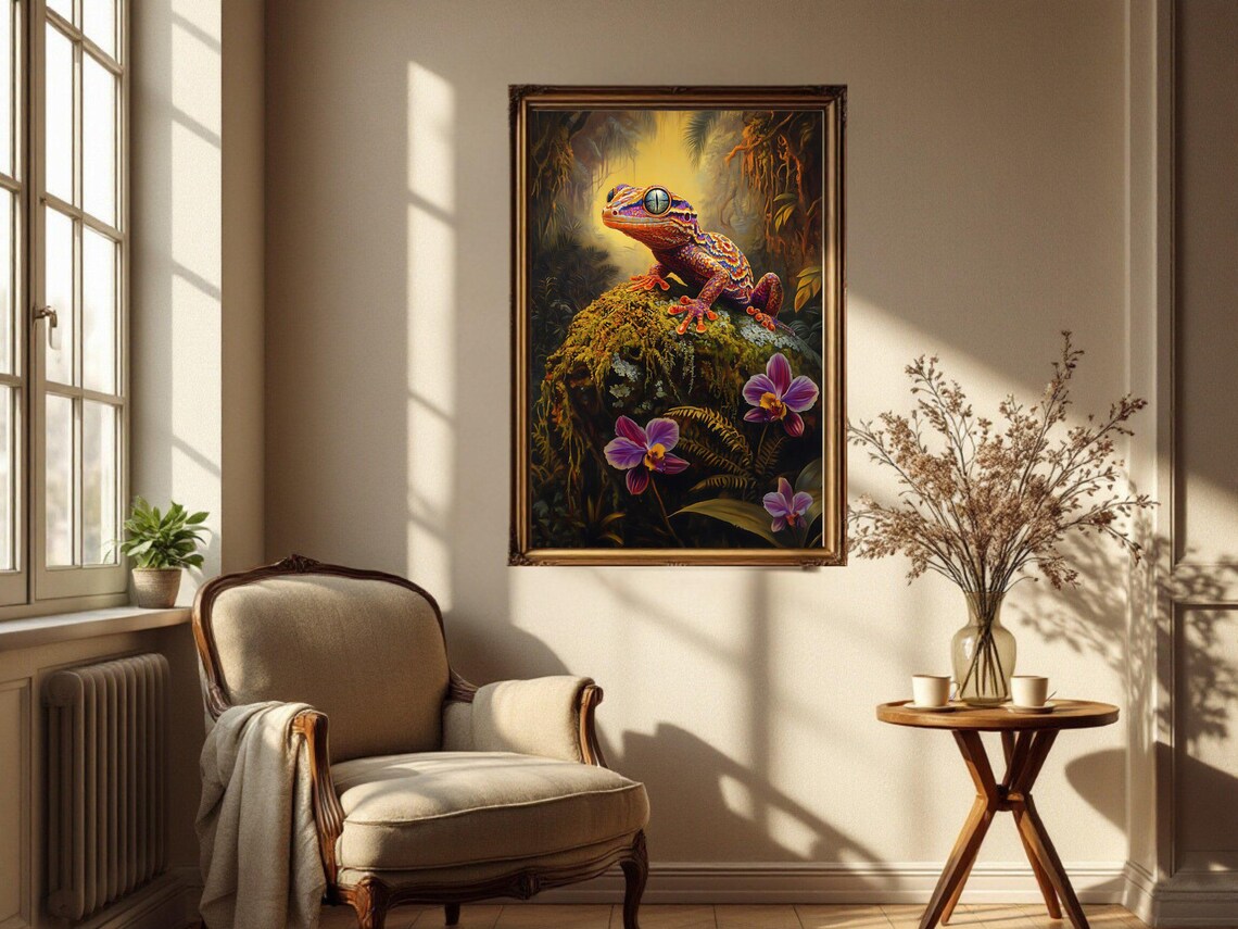 Geckos In Nature Painting, Jungle Wildlife Art - Image 2