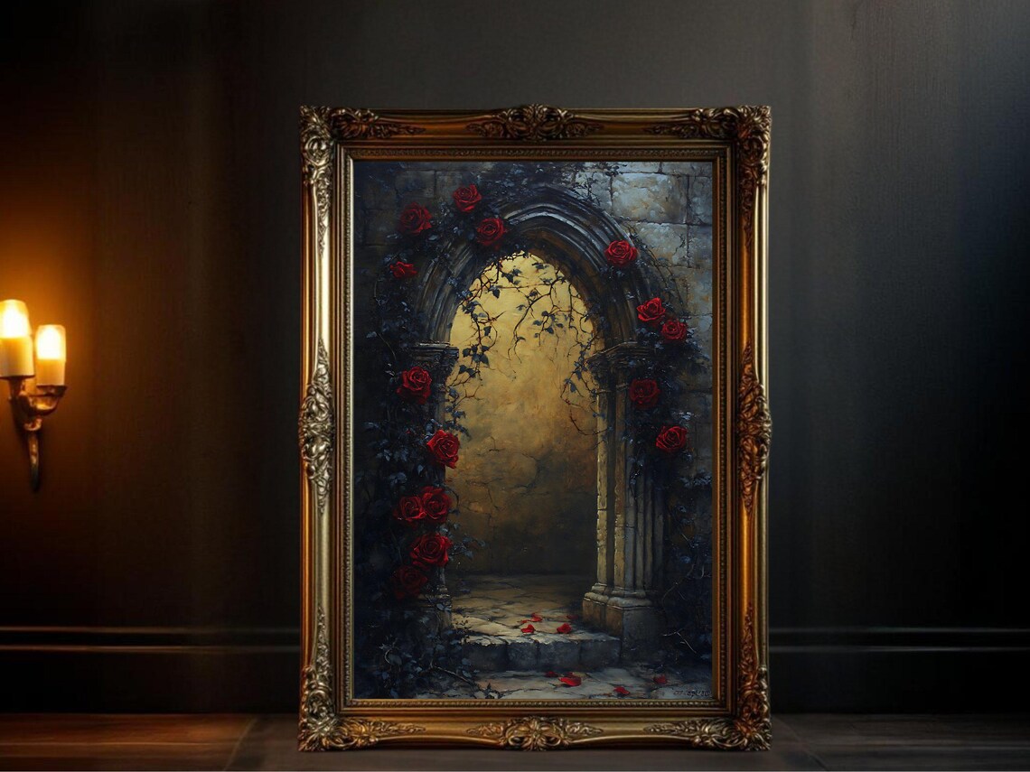 Gothic Archway Red Roses, Mystical Garden Art Print