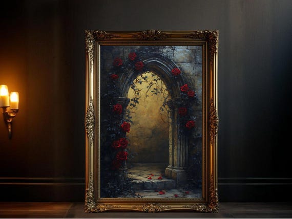 Gothic Archway Red Roses, Mystical Garden Art Print