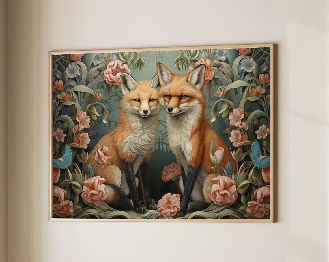 Two Red Foxes Among Peonies in Morris Style Floral Art Print