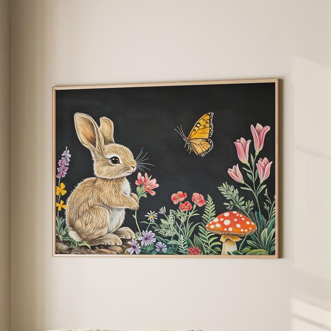 Bunny Rabbit with Butterfly Woodland Flowers Black Background Poster