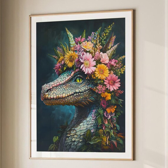 Green Dragon Portrait With Vibrant Floral Crown Fantasy Art Poster