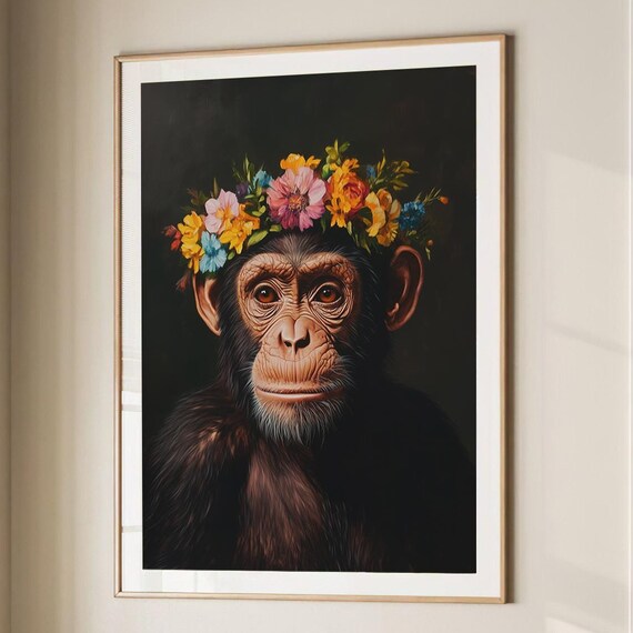 Young Chimpanzee Wearing Pastel Floral Crown Dark Portrait Poster