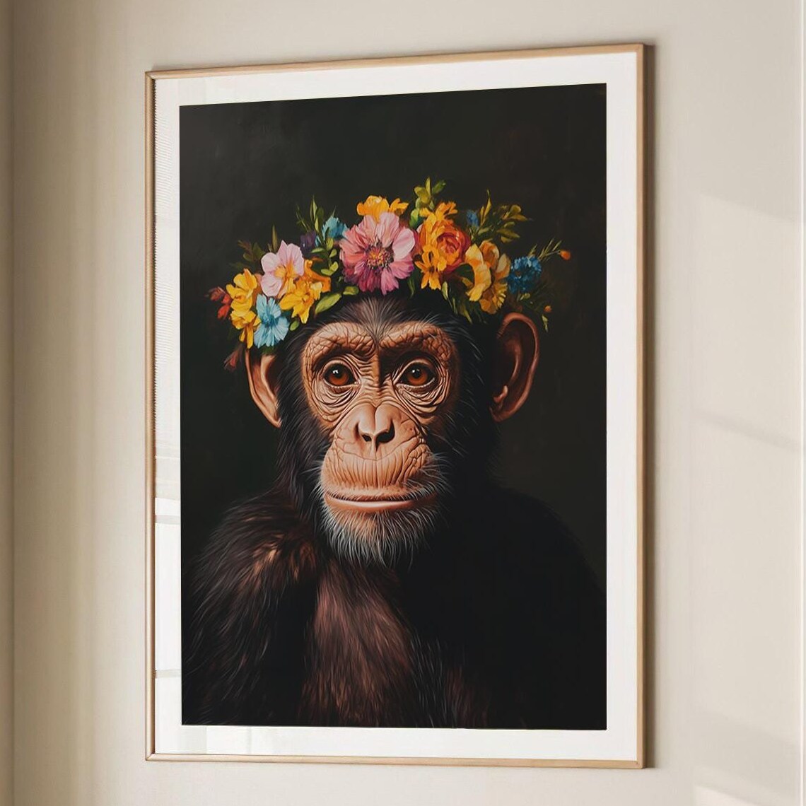 Young Chimpanzee Wearing Pastel Floral Crown Dark Portrait Poster