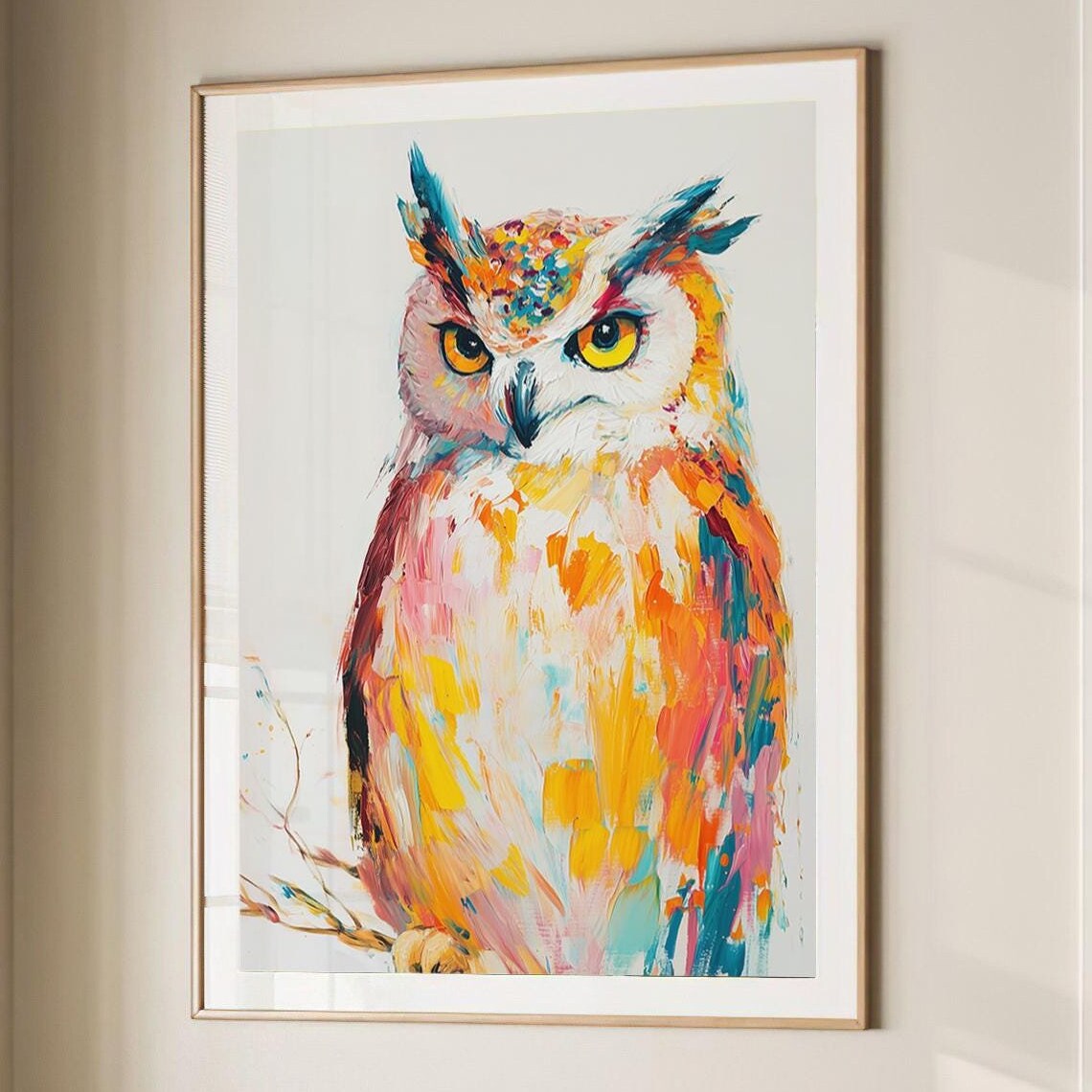 Great Horned Owl Colorful Brushstroke Portrait Wild Bird Wall Art