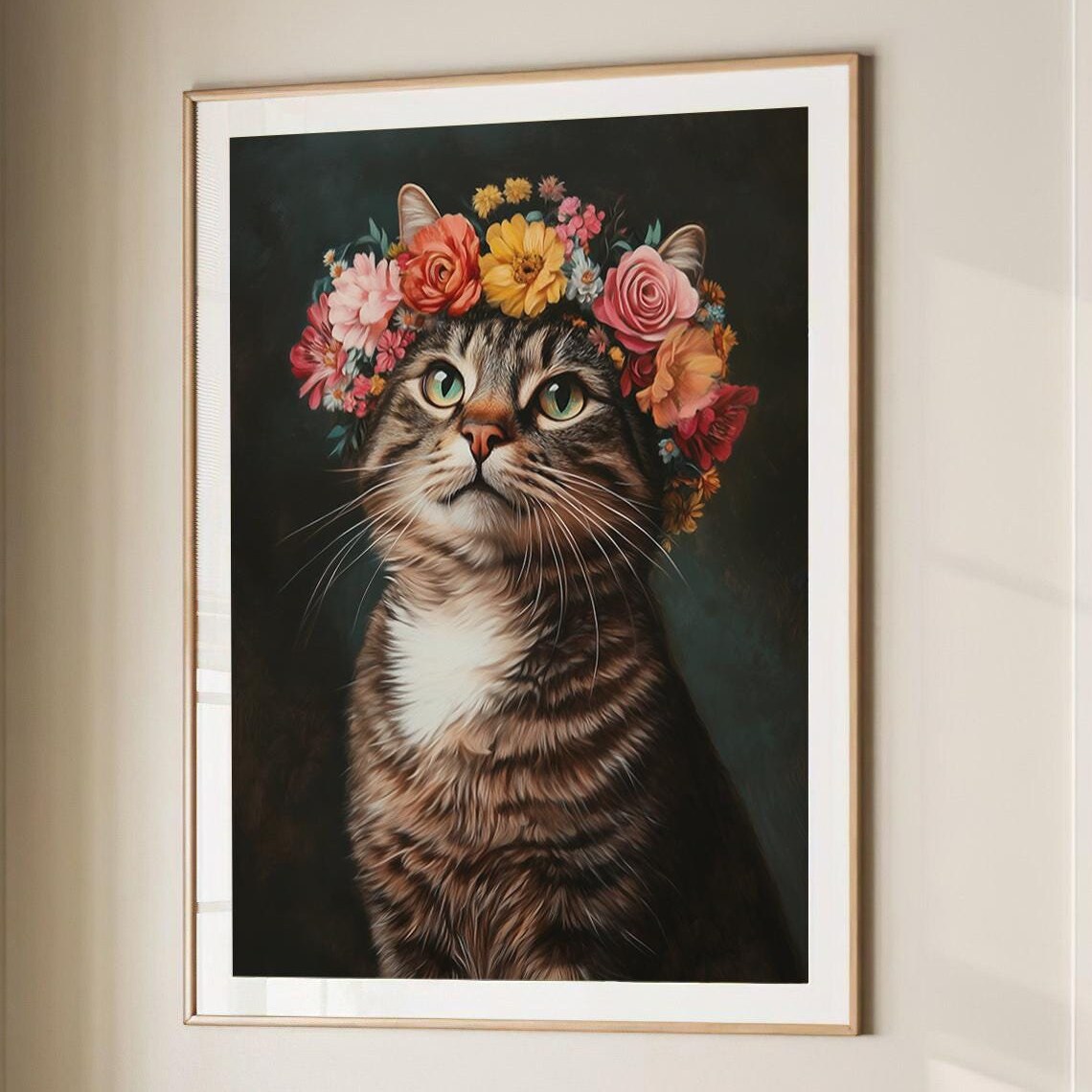 Tabby Cat Wearing a Colorful Flower Crown Moody Portrait Poster - Image 4