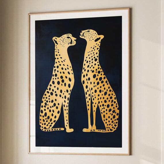 Two Gold Cheetahs Facing Each Other On Navy Minimalist Poster