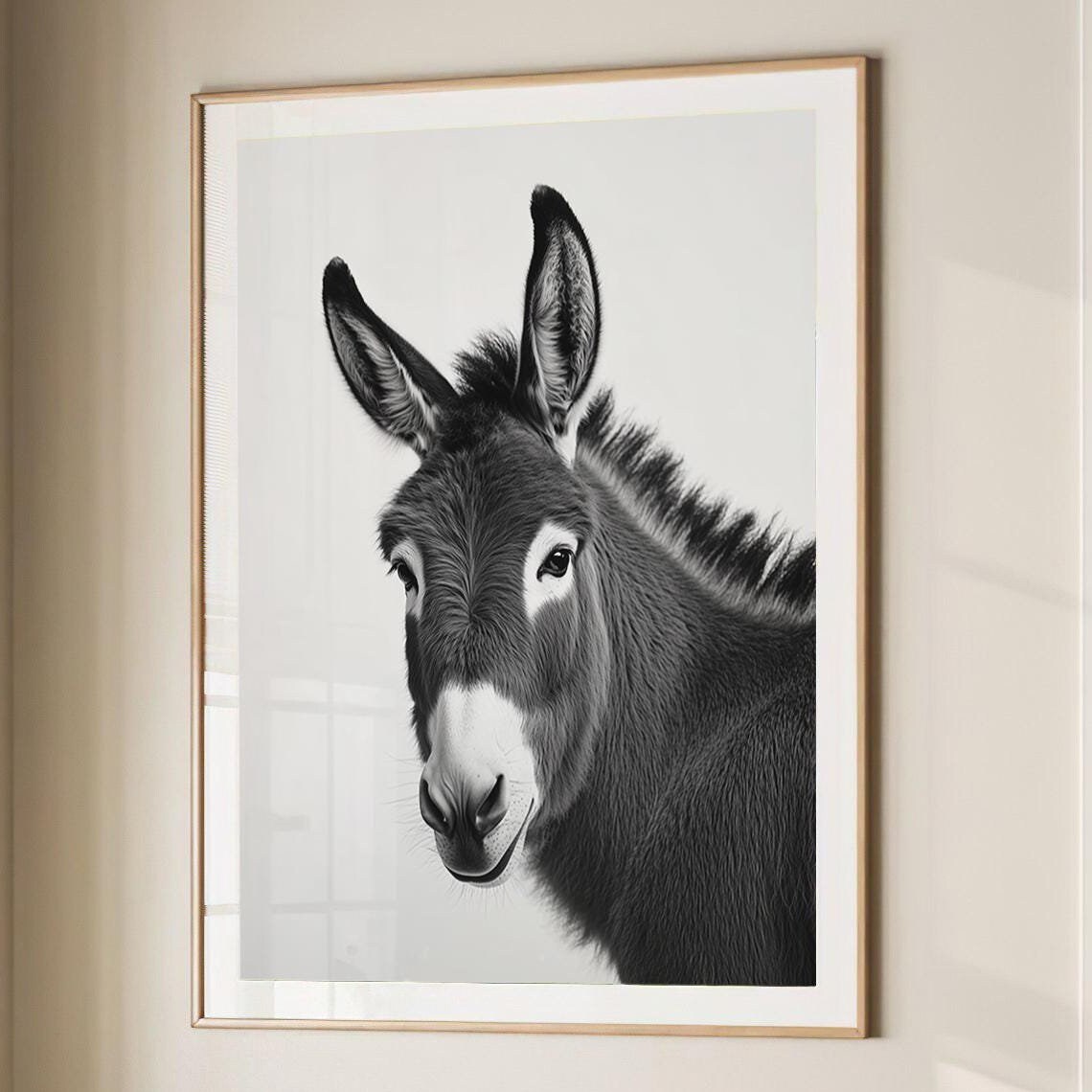 Black and White Donkey Portrait Cute Farm Animal Photography Poster