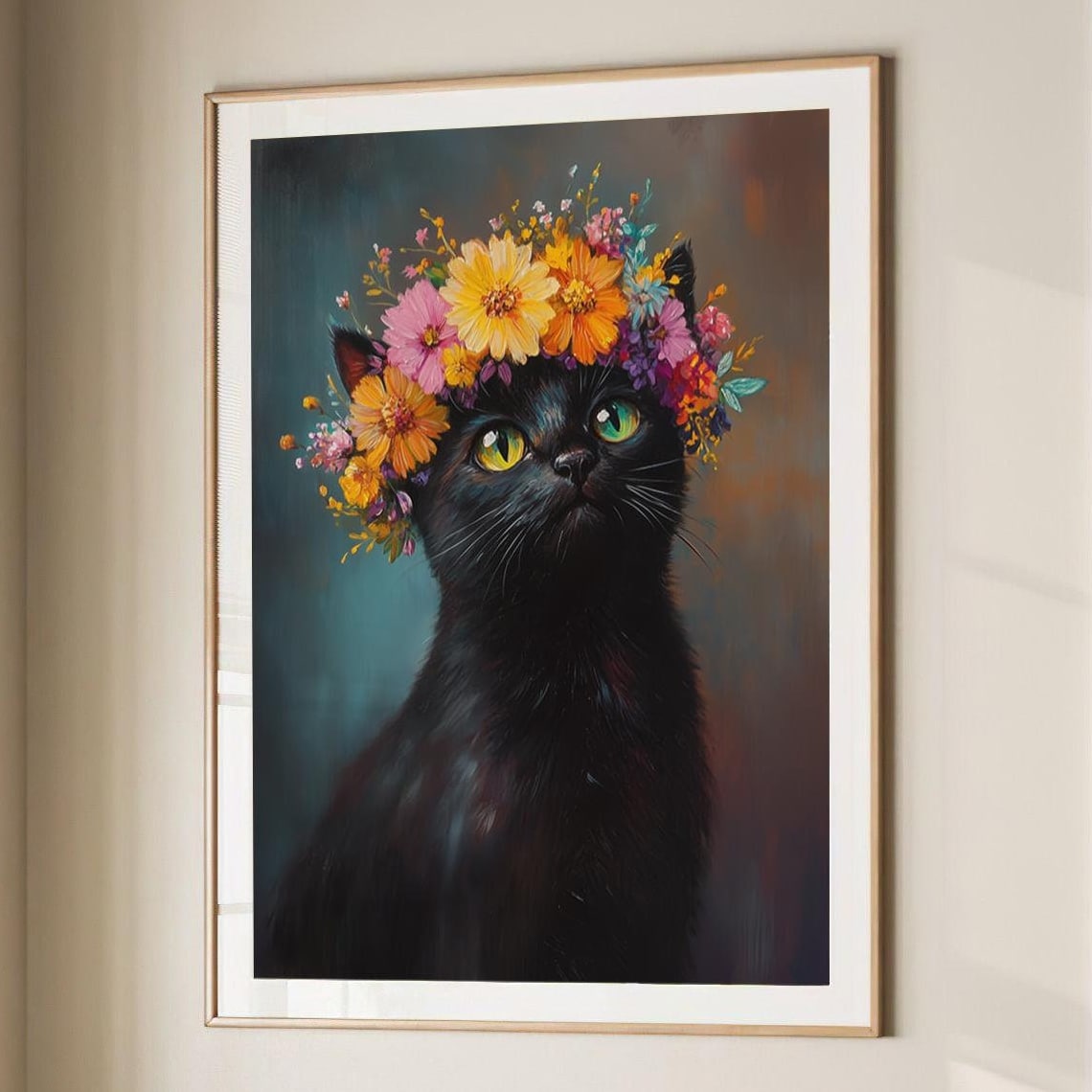 Black Cat Flower Crown Colorful Oil Painting Pet Portrait Wall Art