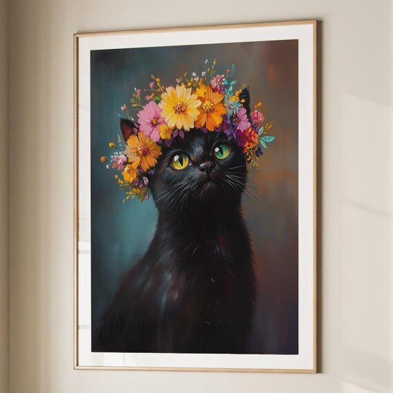 Black Cat Flower Crown Colorful Oil Painting Pet Portrait Wall Art