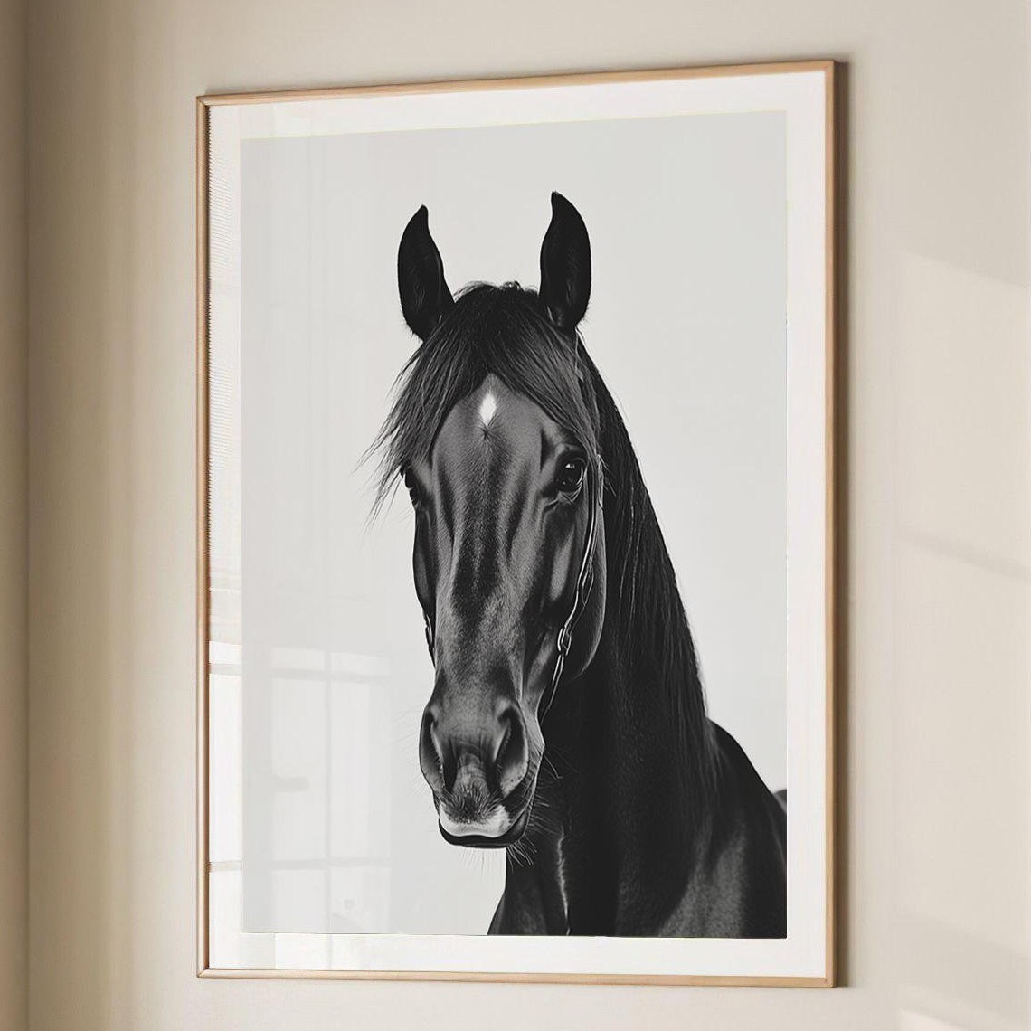 Black Horse Head Portrait in Black and White Minimalist Art Poster