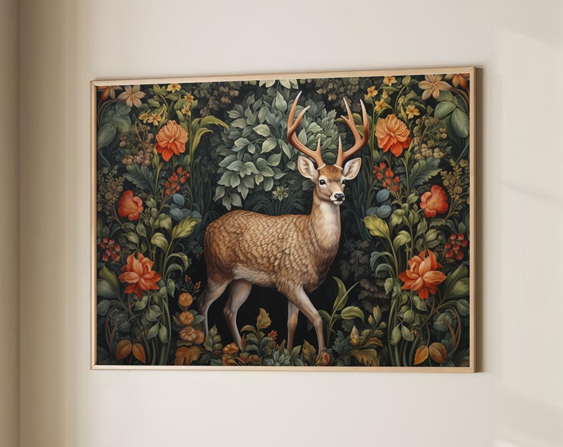 Deer Buck with Antlers Dark Millefleur Floral Tapestry Poster