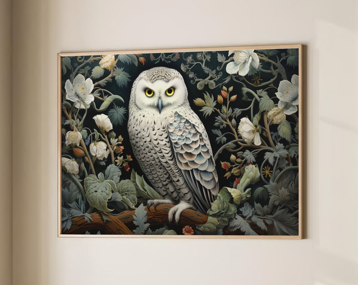 Snowy Owl Perched In Dark Floral Night Garden William Morris Poster - Image 5