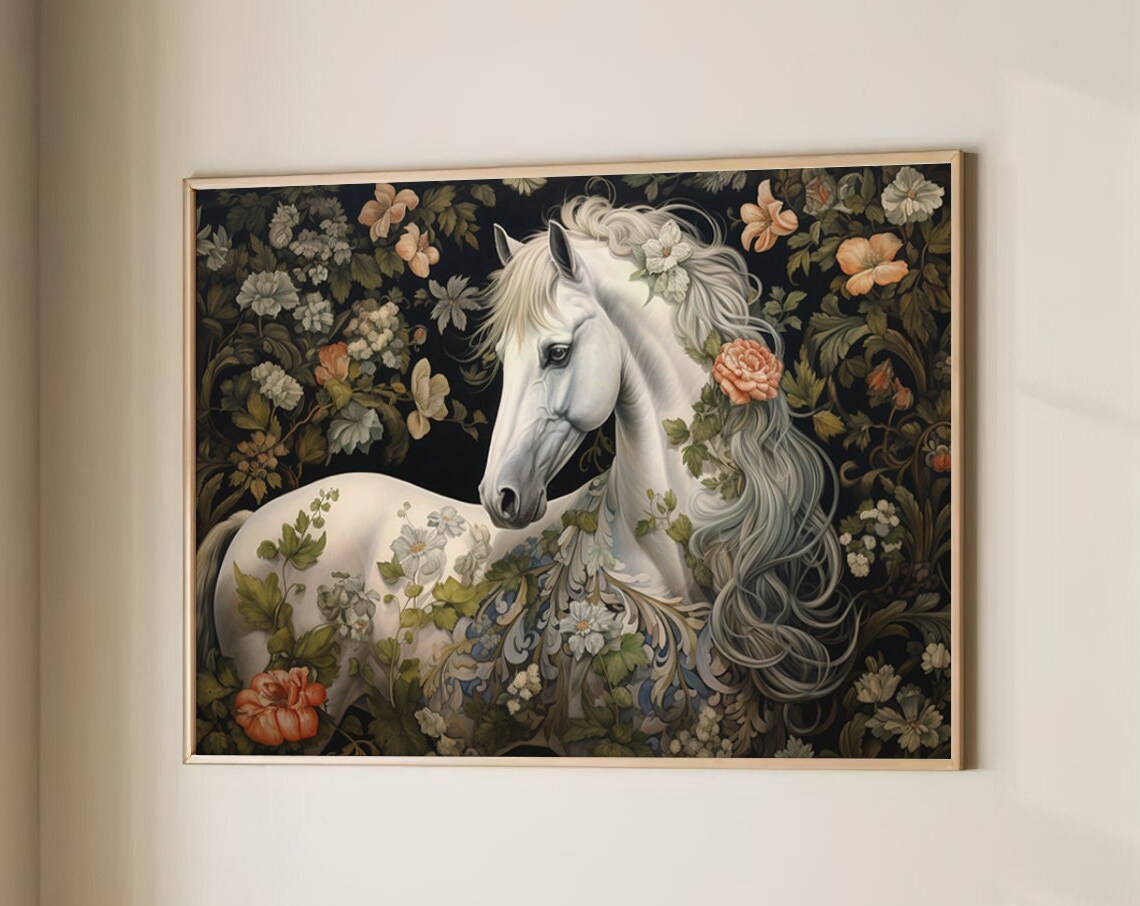 White Horse Floral Garland Dark Botanical Vintage Art Poster