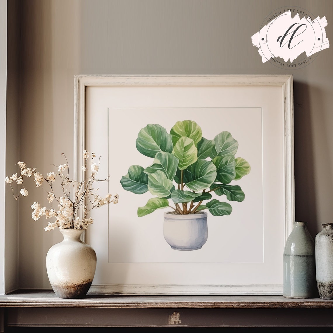 Fiddle Leaf Fig Watercolor Potted Plant Botanical Decor Wall Art